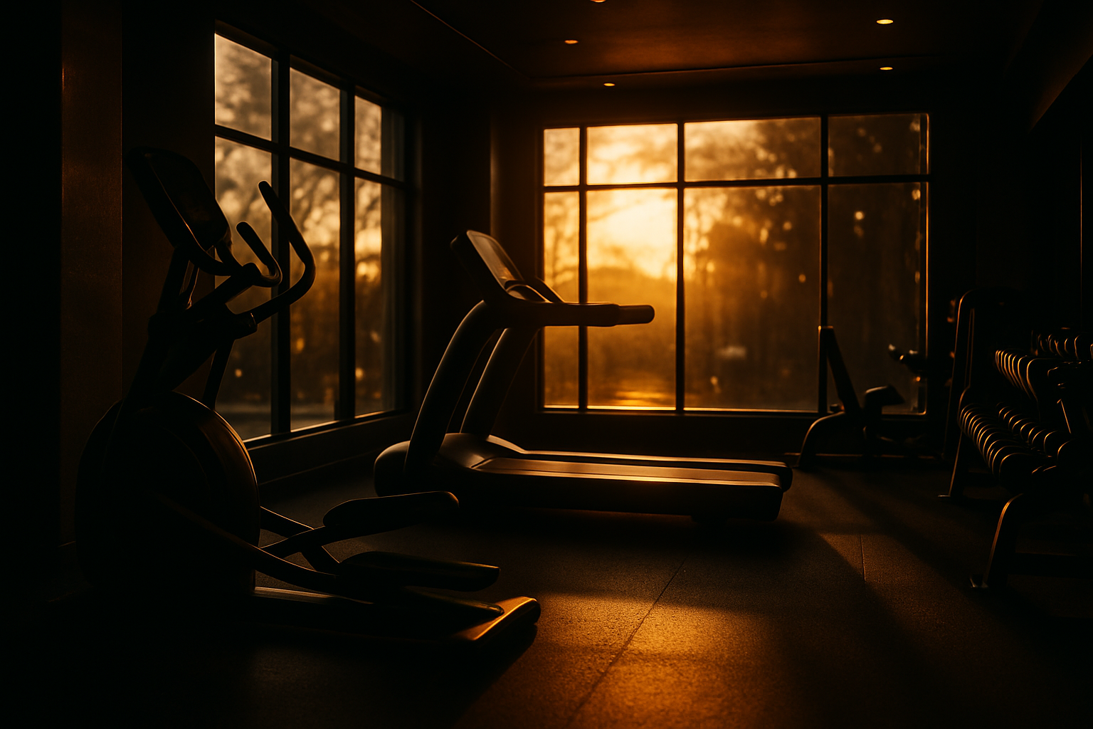 artistic shot of a high end health club with large windows and sunlight pouring in during golden hour, deep depth of field and blurry background, colors are dark with golden tones